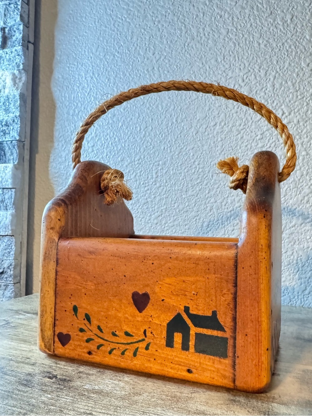 Hand-Painted Rustic Wooden Caddy in Warm Honey Brown by - Picture 6 of 10